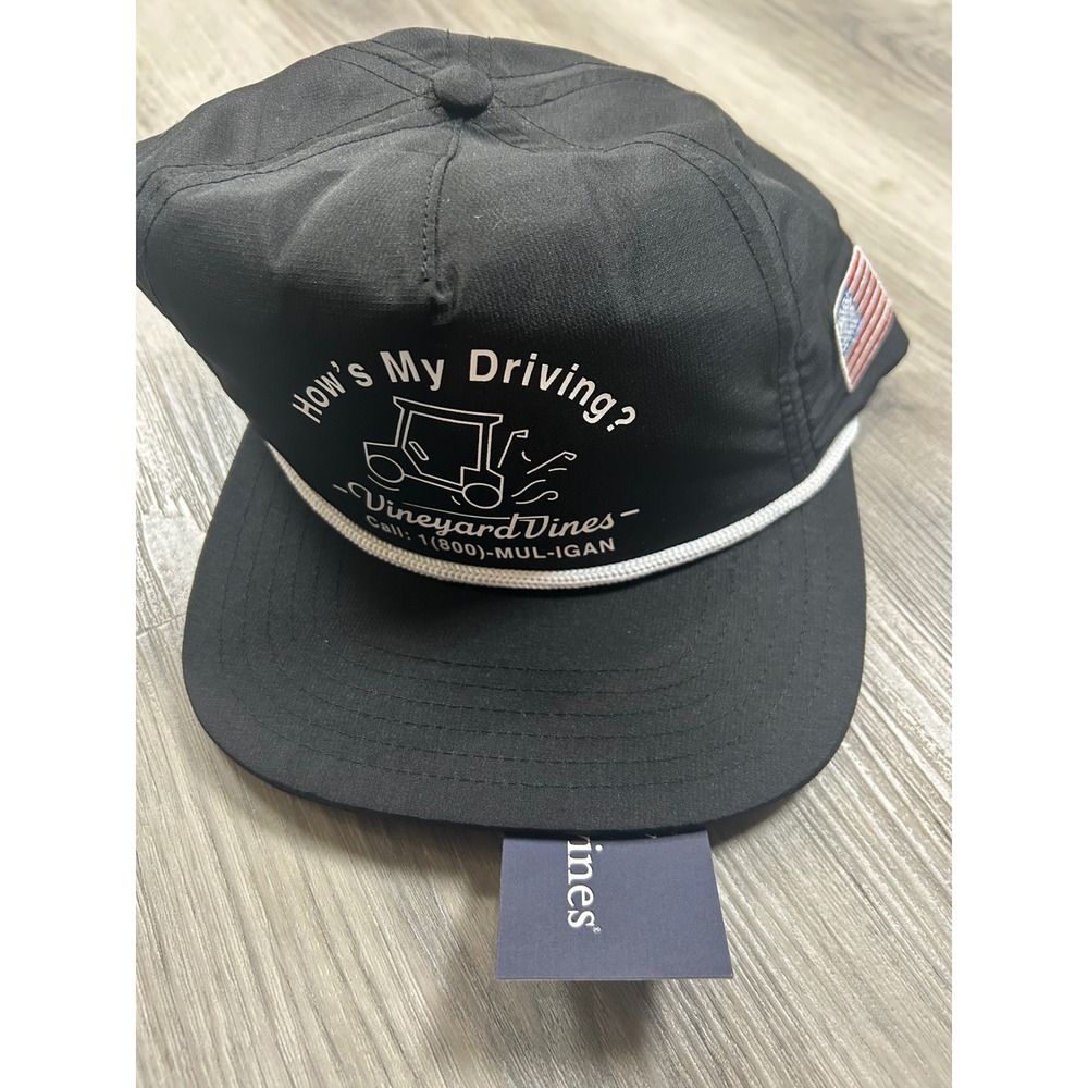 Vineyard Vines Hows My Driving Golf Rope Hat Black Snapback American Flag NEW